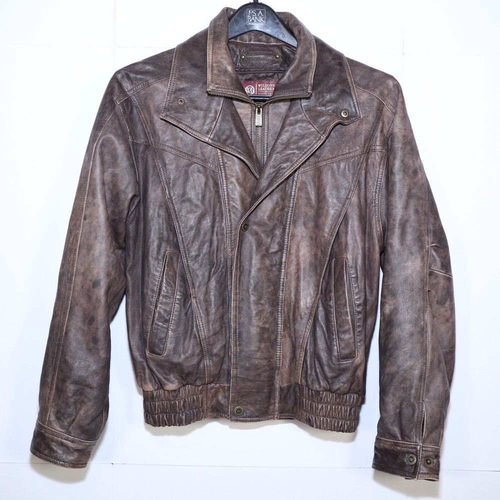 Wilsons Leather Vintage Mens Lined Brown Leather Zip Up Snap Up Jacket Size M